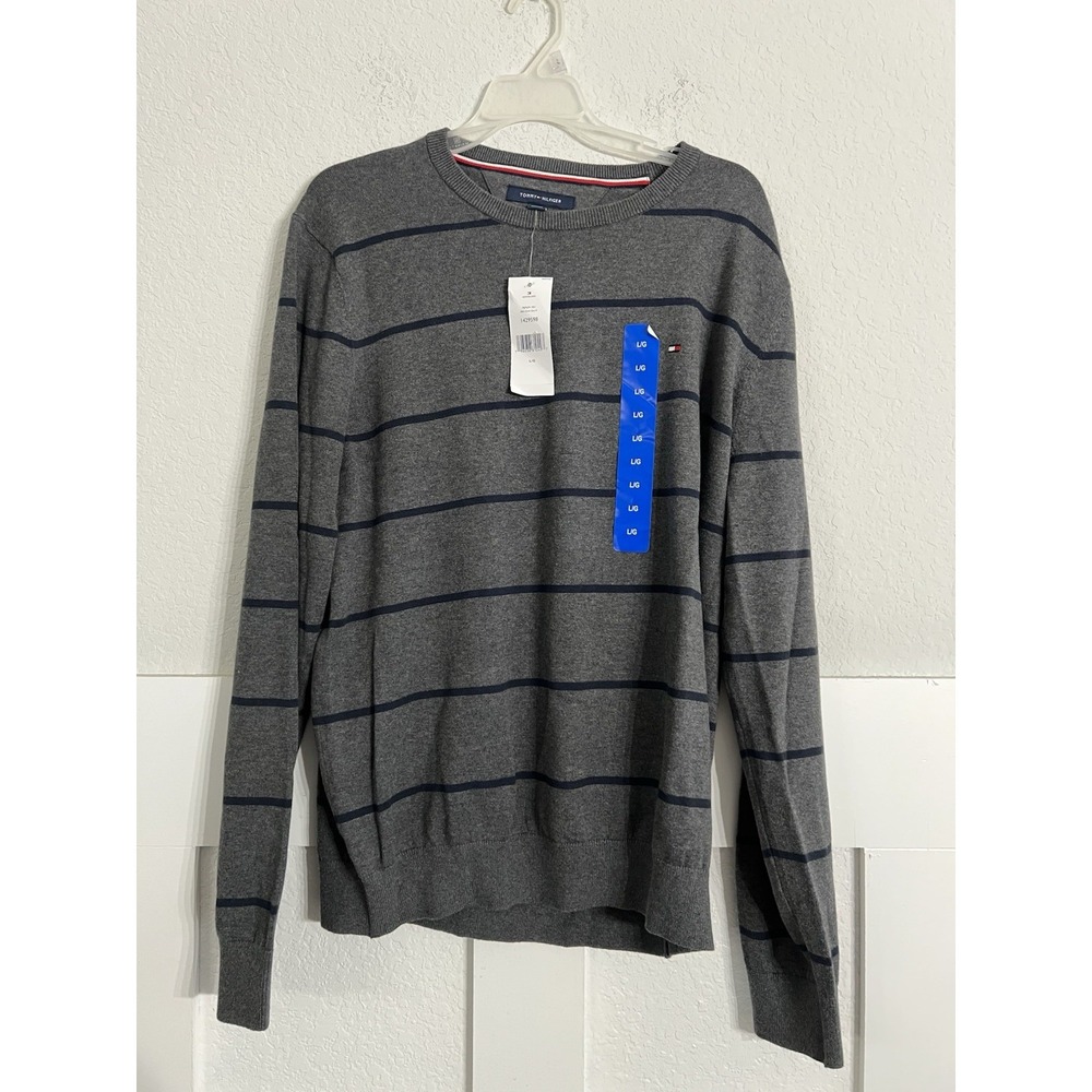 Tommy Hilfiger Mens Cotton Gray Navy Striped Crew Neck Sweater Large 78J7659